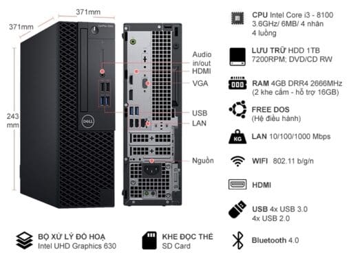Mặt trước và sau Dell OptiPlex 3060 SFF với cổng HDMI, DisplayPort và LAN