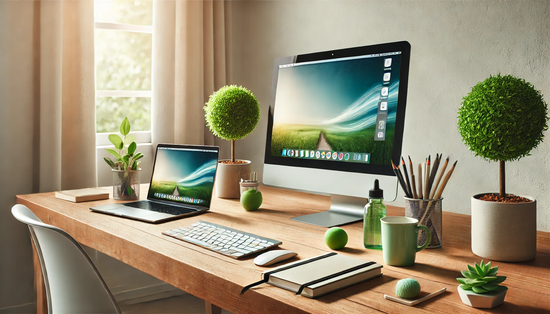DALL·E 2025 01 20 11.07.37 A clean and modern workspace featuring a used desktop computer and a laptop accompanied by eco friendly elements designed in a l