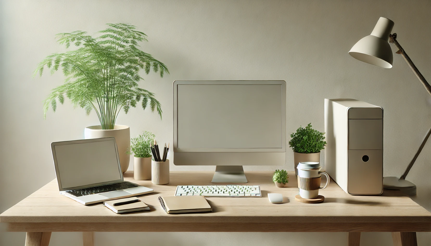 DALL·E 2025 01 20 11.11.07 A minimalistic workspace setup featuring a used desktop computer and a laptop accompanied by eco friendly elements designed in a landscape format. T