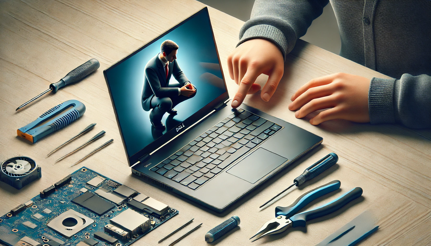 DALL·E 2025 01 21 08.58.54 A realistic landscape oriented image of a person inspecting a used Dell laptop carefully examining the exterior for
