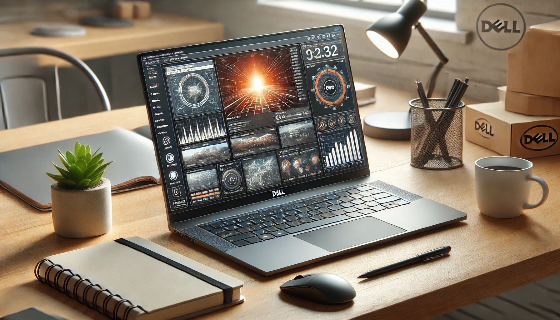 DALL·E 2025 01 21 08.58.59 A realistic landscape oriented image of a Dell laptop in use placed on a desk with an open screen showing a working