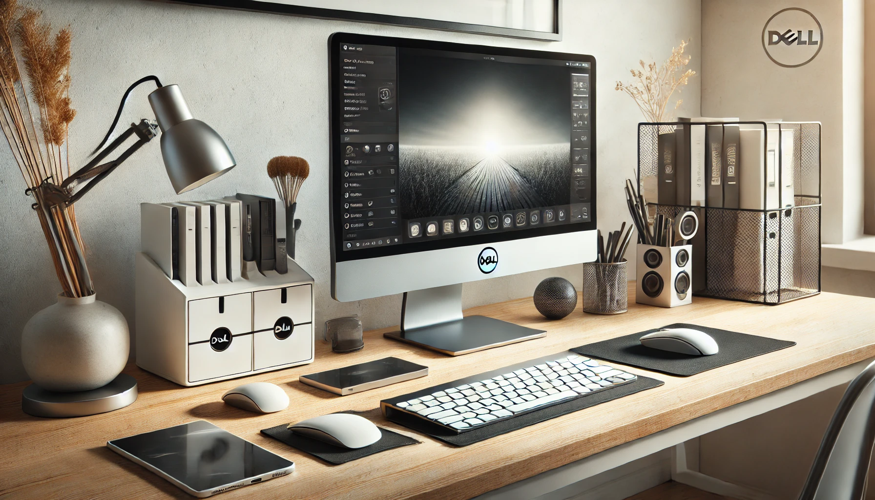 Máy Tính Đồng Bộ Dell: Vì Sao Đáng Để Chọn? DALL·E 2025 01 21 11.01.18 A Dell desktop computer set up on a modern organized desk accompanied by a keyboard mouse and monitor. The workspace has a clean and professional