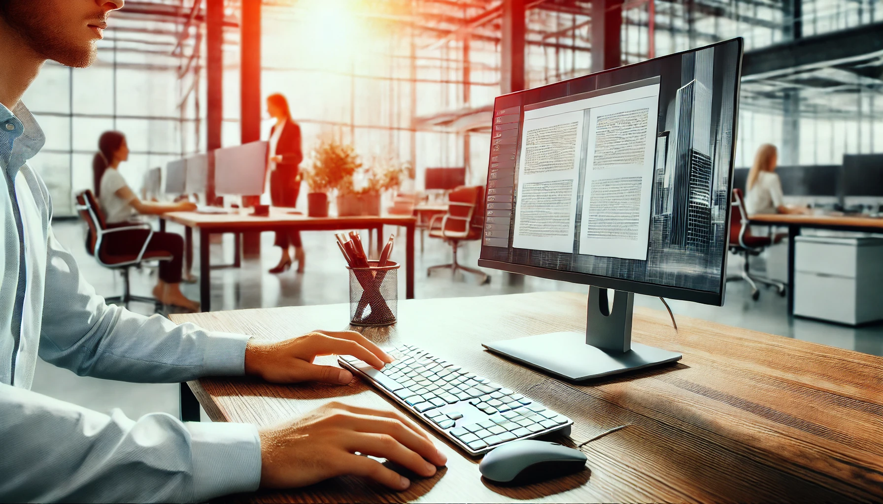 Máy Tính Đồng Bộ Dell: Vì Sao Đáng Để Chọn? DALL·E 2025 01 21 11.02.40 An office scene featuring an employee working on a Dell desktop computer. The desk is neat and organized with a keyboard mouse and m