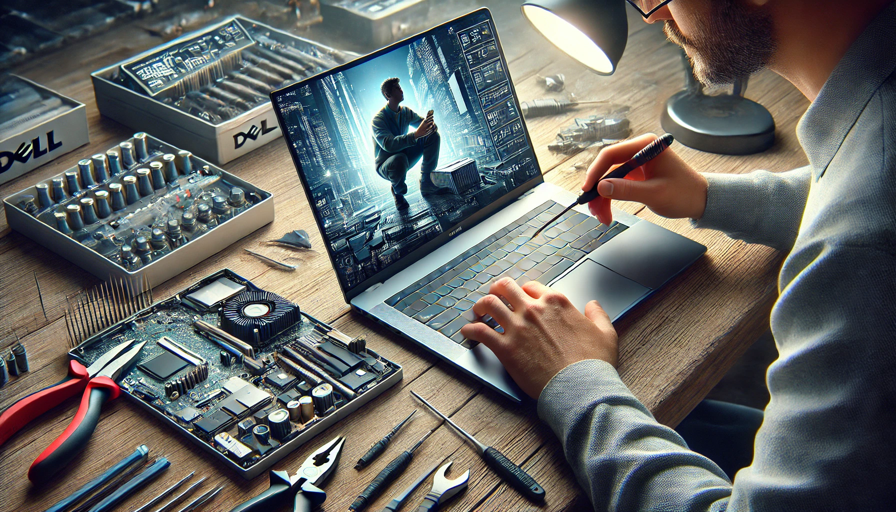 DALL·E 2025 01 21 11.36.03 A realistic and detailed image showing a technician carefully inspecting a used Dell laptop. The technician is testing the ports keyboard and displa