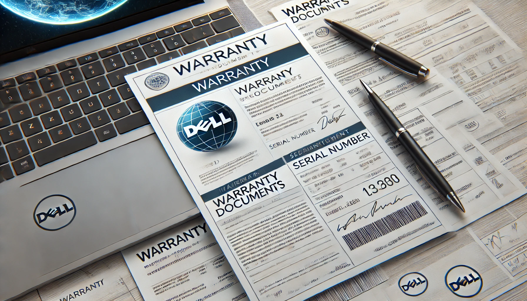 DALL·E 2025 01 21 11.36.06 A realistic and professional image showing warranty documents for a used Dell laptop. The image includes a close up of papers like a warranty card re