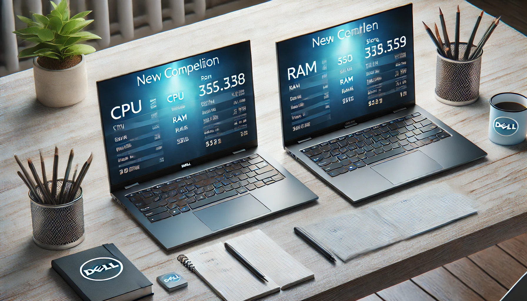DALL·E 2025 01 21 11.36.09 A realistic and detailed image comparing the specifications of two Dell laptops side by side. The screen of each laptop displays their configurations