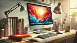 DALL·E 2025 01 22 12.00.05 A detailed image of a used Dell computer setup in a neat workspace showing a clean desk with a lamp books a