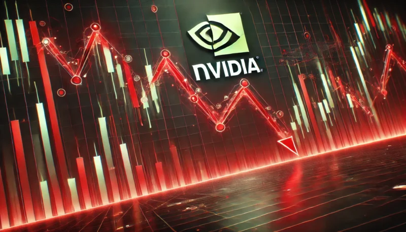 DALL·E 2025 01 28 09.24.15 A financial stock market chart showing a dramatic downward trend in red with the Nvidia logo subtly in the corner. The background has a professional c