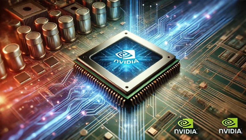 DALL·E 2025 01 28 09.24.35 A high tech AI chip concept representing Nvidias technology surrounded by futuristic glowing circuits and data streams. The image features a sleek